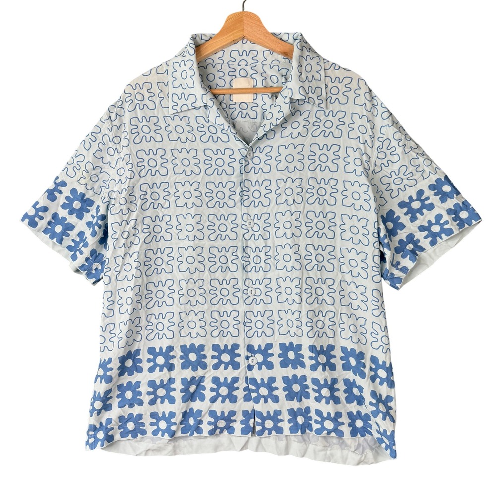 Sandro Paris Mens XL Floral Print Viscose Short Sleeve Button Down Shirt Blue